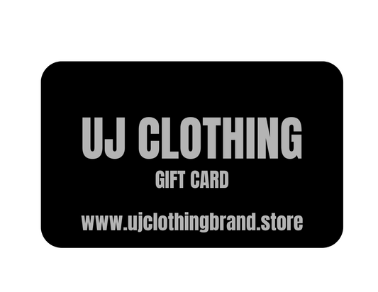 Black gift card with 'UJ Clothing' branding on a white background
